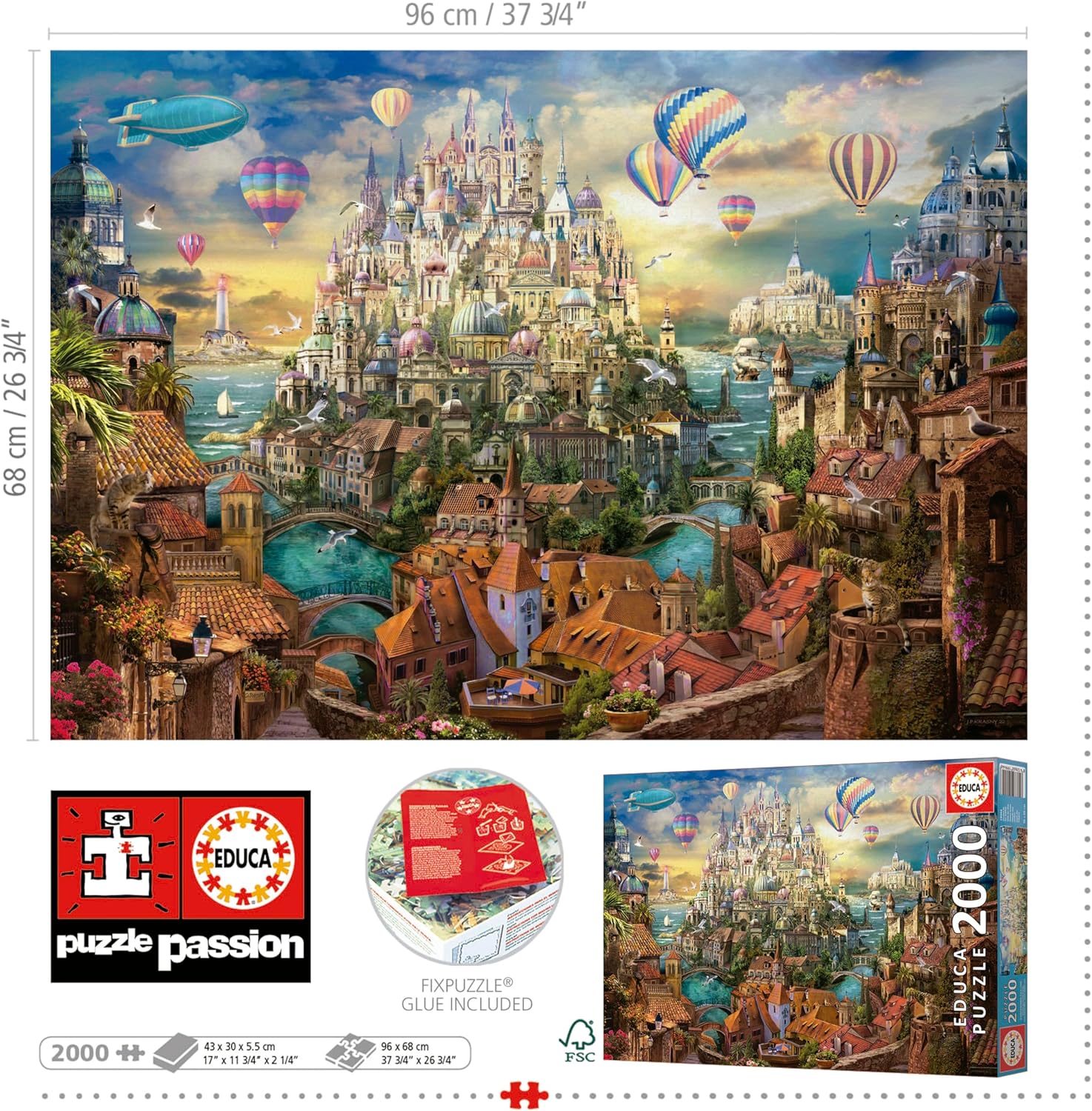 Thumbnail 2 de Educa Puzzle 2000 pezzi per adulti “Città dei sogni” con colla FixPuzzle, 96 x 68 cm (da 14 anni)