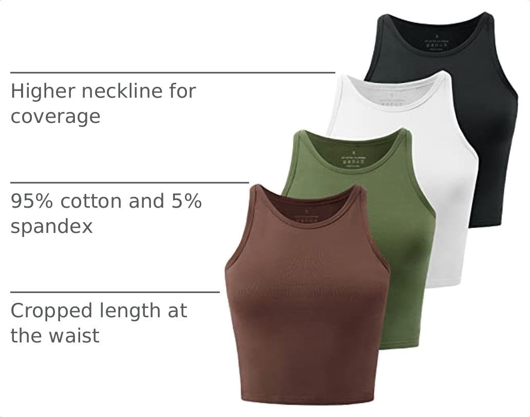 Detalle de Kole Meego 4-Pack Women’s Cotton Spandex Workout Crop Tops (High Neck, Racerback)