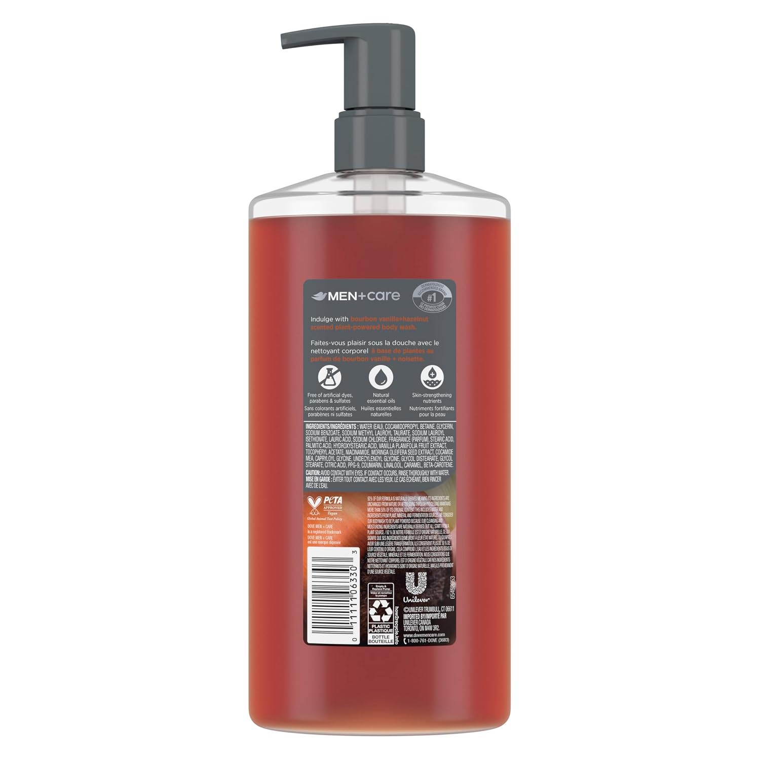 Detalle de DOVE MEN Moisturizing Body Wash, Bourbon Vanilla + Hazelnut, 26 oz