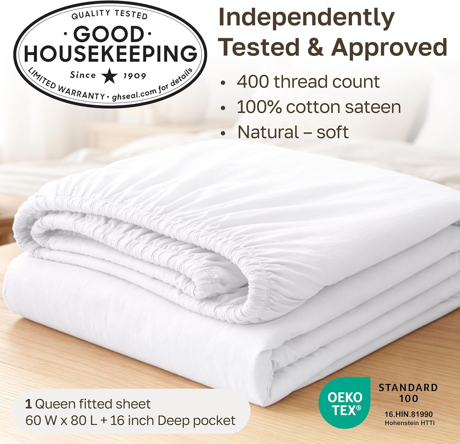 Detalle de California Design Den Queen Fitted Sheet, 400 Thread Count Cotton Sateen, 16-Inch Deep Pocket, Green Sage