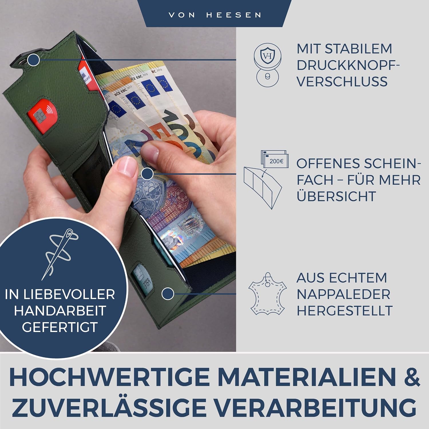 Detalle de VON HEESEN Slim Wallet mit XXL Münzfach & RFID-Schutz – Echtes Leder, kompakt und grün