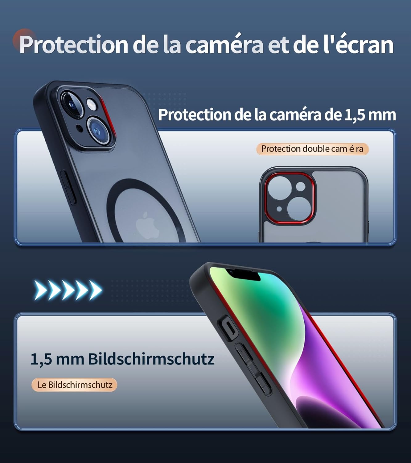 Detalle de FLLAO Coque magnétique pour iPhone 14 — 2 verres trempés, MagSafe, protection complète, noir translucide