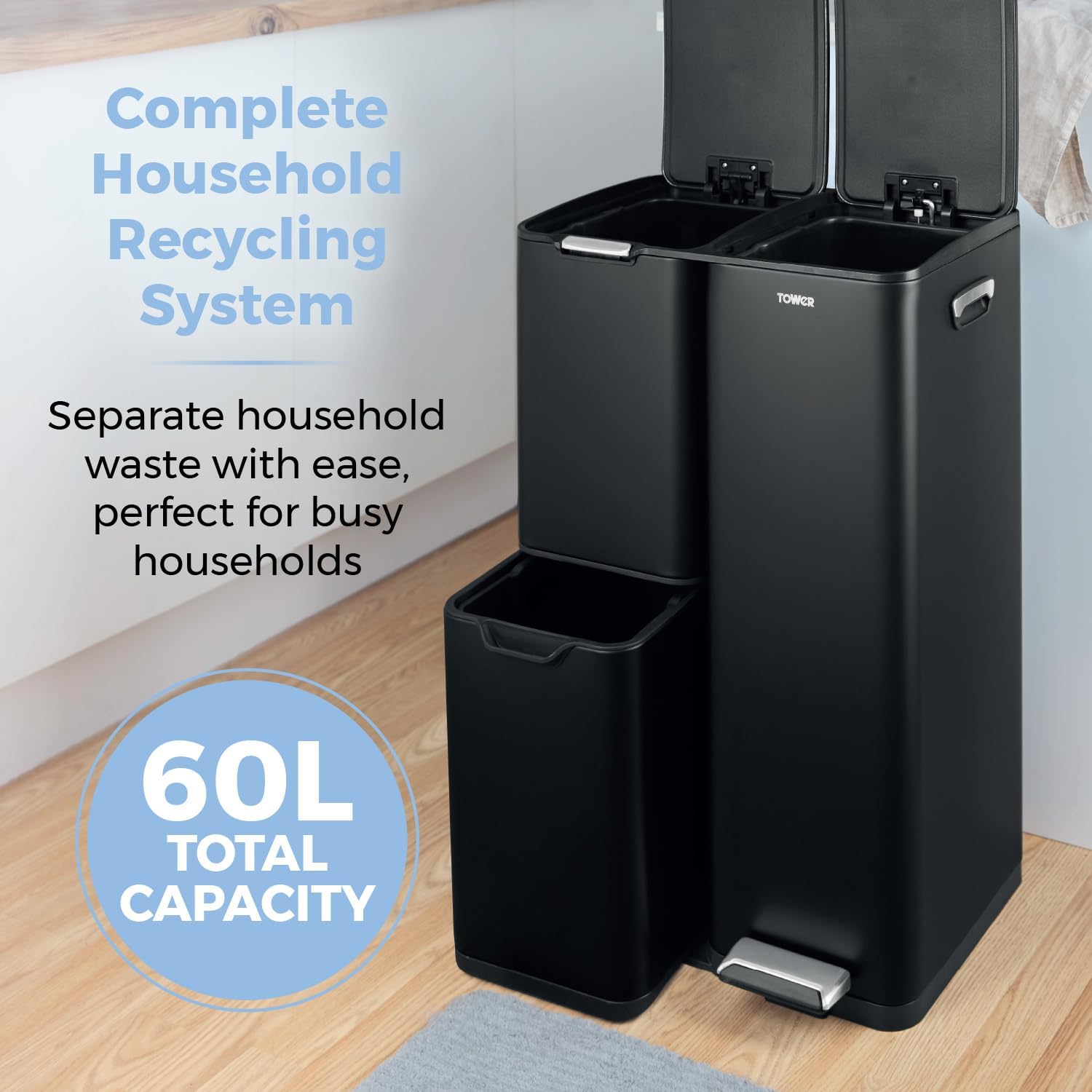Detalle de Tower 60L Three-Compartment Pedal Recycling Bin (Carbon Steel, Removable Buckets) – Black