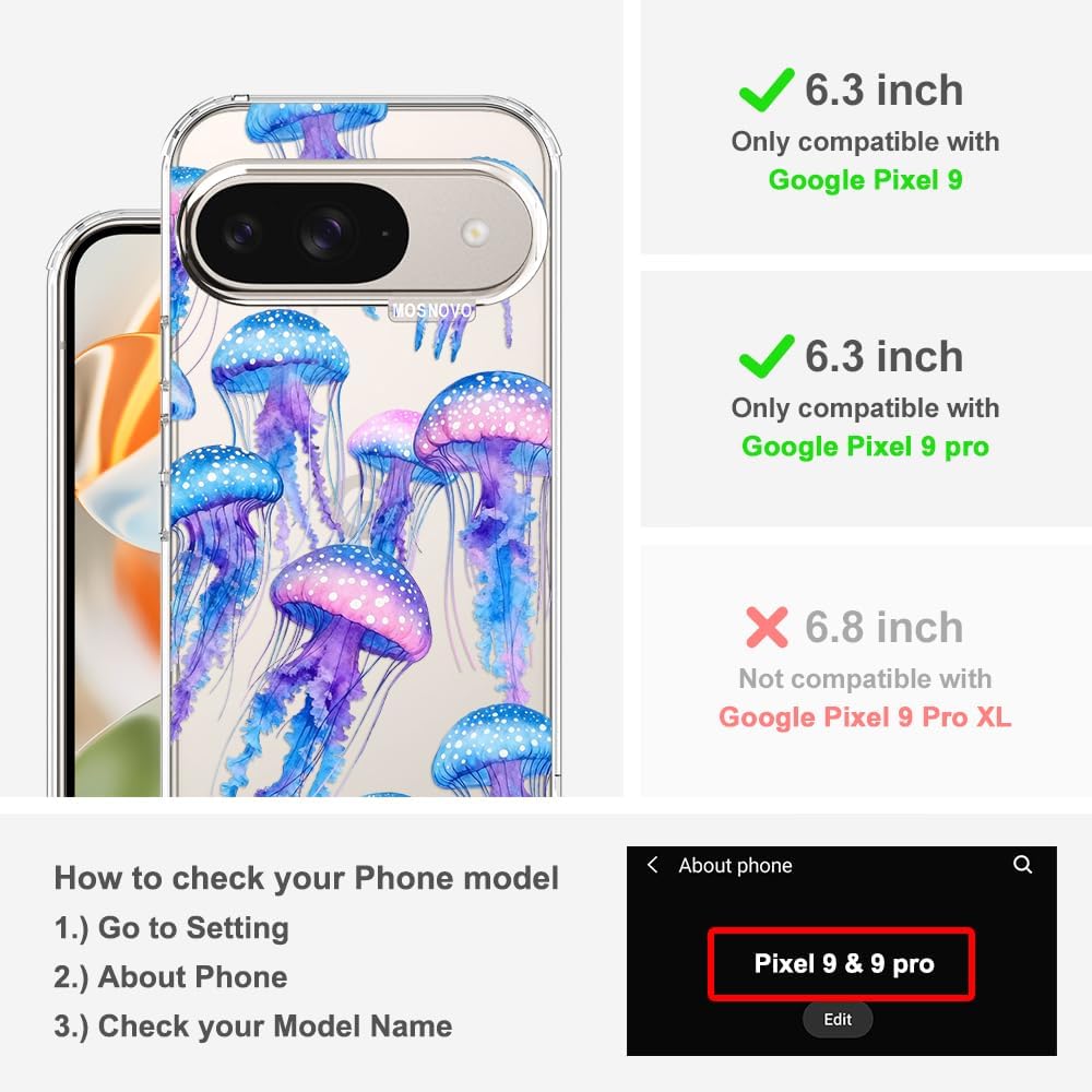 Thumbnail 1 de MOSNOVO Clear Case for Google Pixel 9 / Pixel 9 Pro – Mystic Jellyfish Design