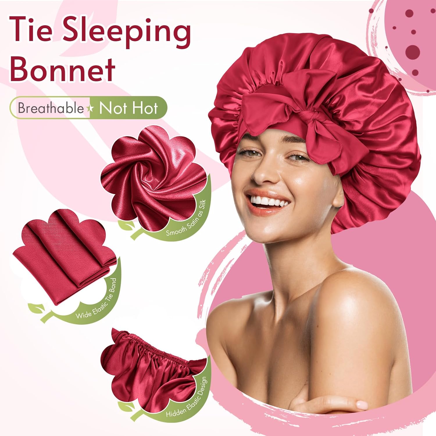 Thumbnail 2 de BONNET QUEEN Satin/Silk Sleep Bonnet with Adjustable Tie Band, Red Burgundy