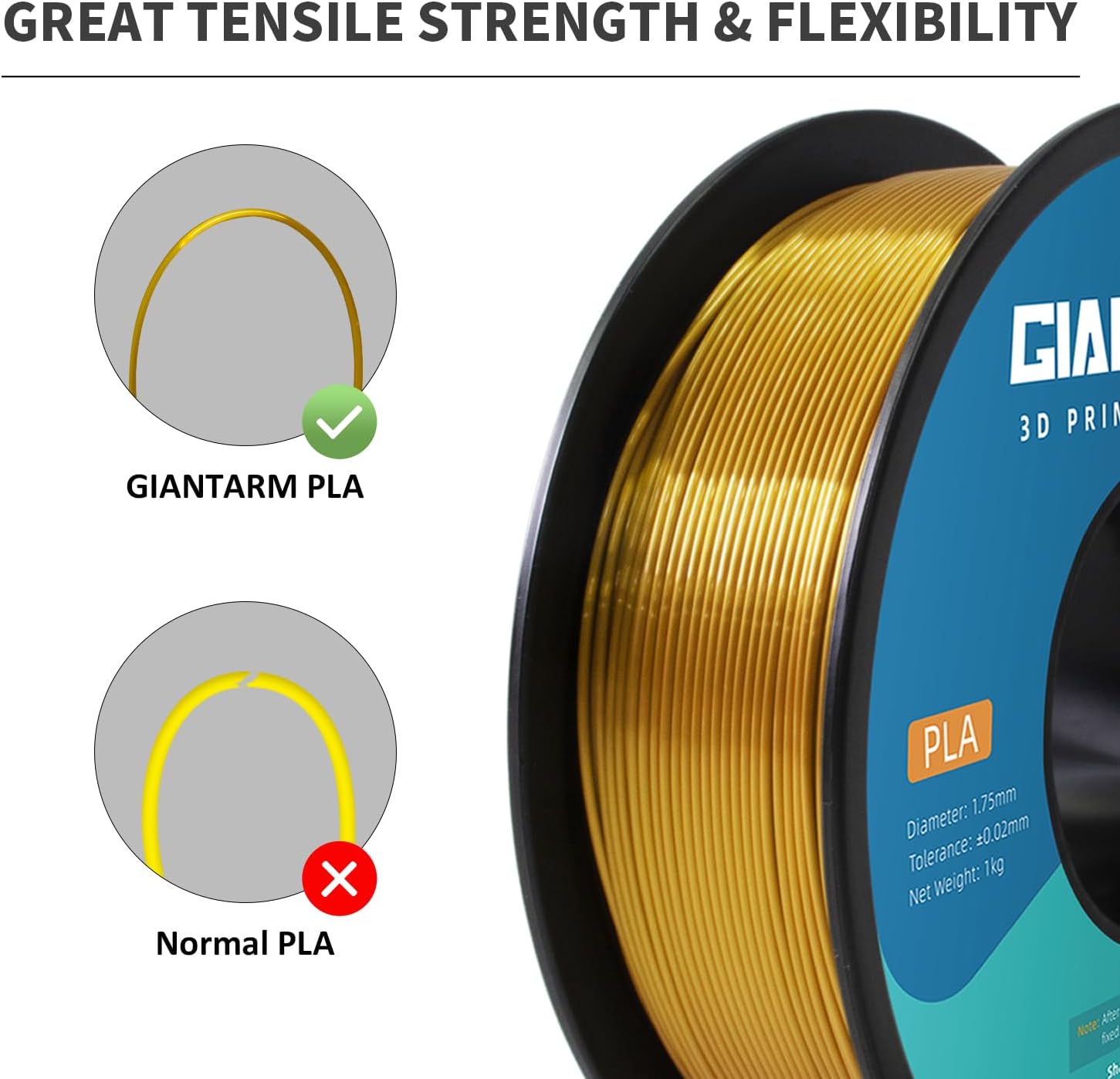 Detalle 2 de GIANTARM PLA-filament 1,75 mm, 1 kg – silkesguld med glänsande finish