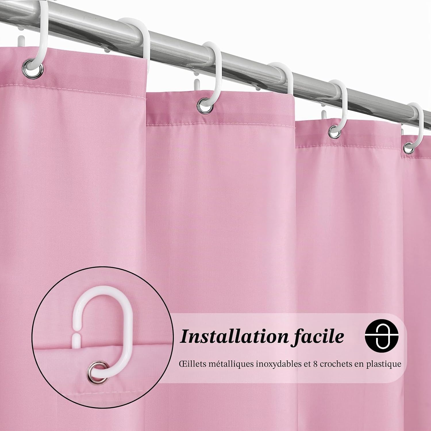 Detalle de EurCross Rideau de douche étroit 120 x 200 cm – Tissu imperméable en polyester, rose, 8 anneaux