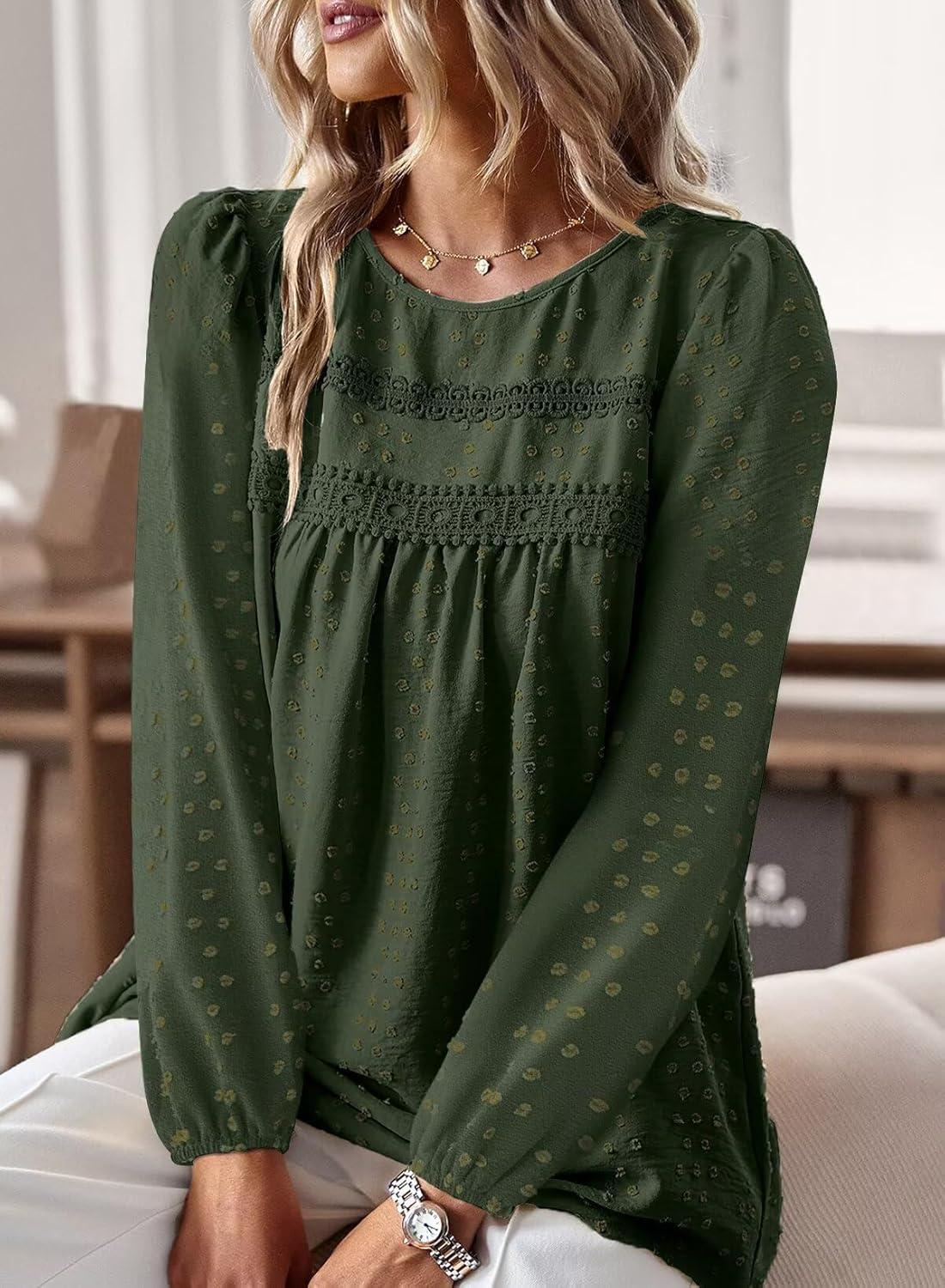 Thumbnail 1 de TUUHAW Damen Langarmshirt im Boho-Stil mit Rundhalsausschnitt und Häkelspitze