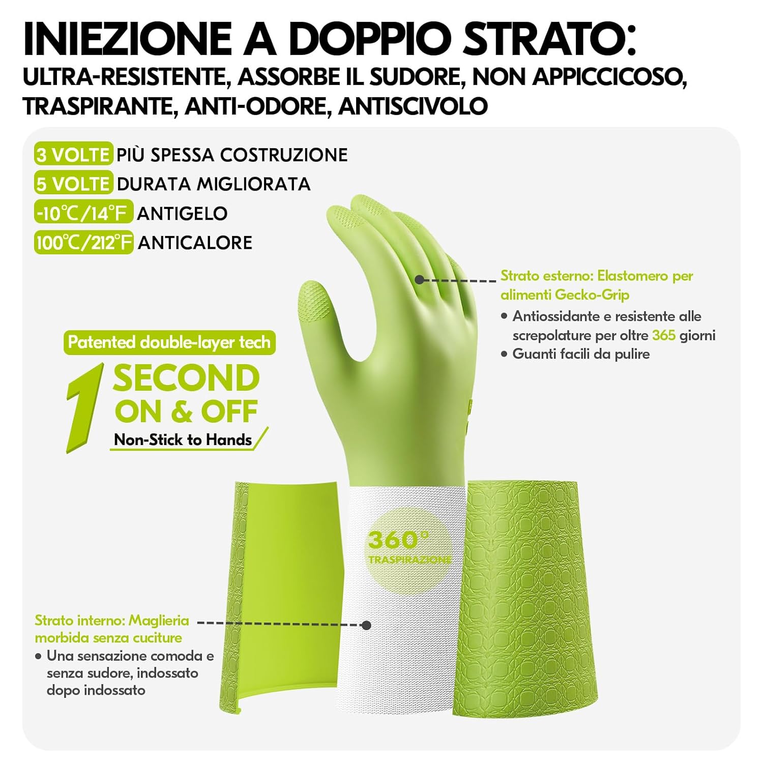 Detalle de VGO Guanti da pulizia doppio strato - grado ristorante, TPE, Lemon Verde (da -10°C a 100°C)