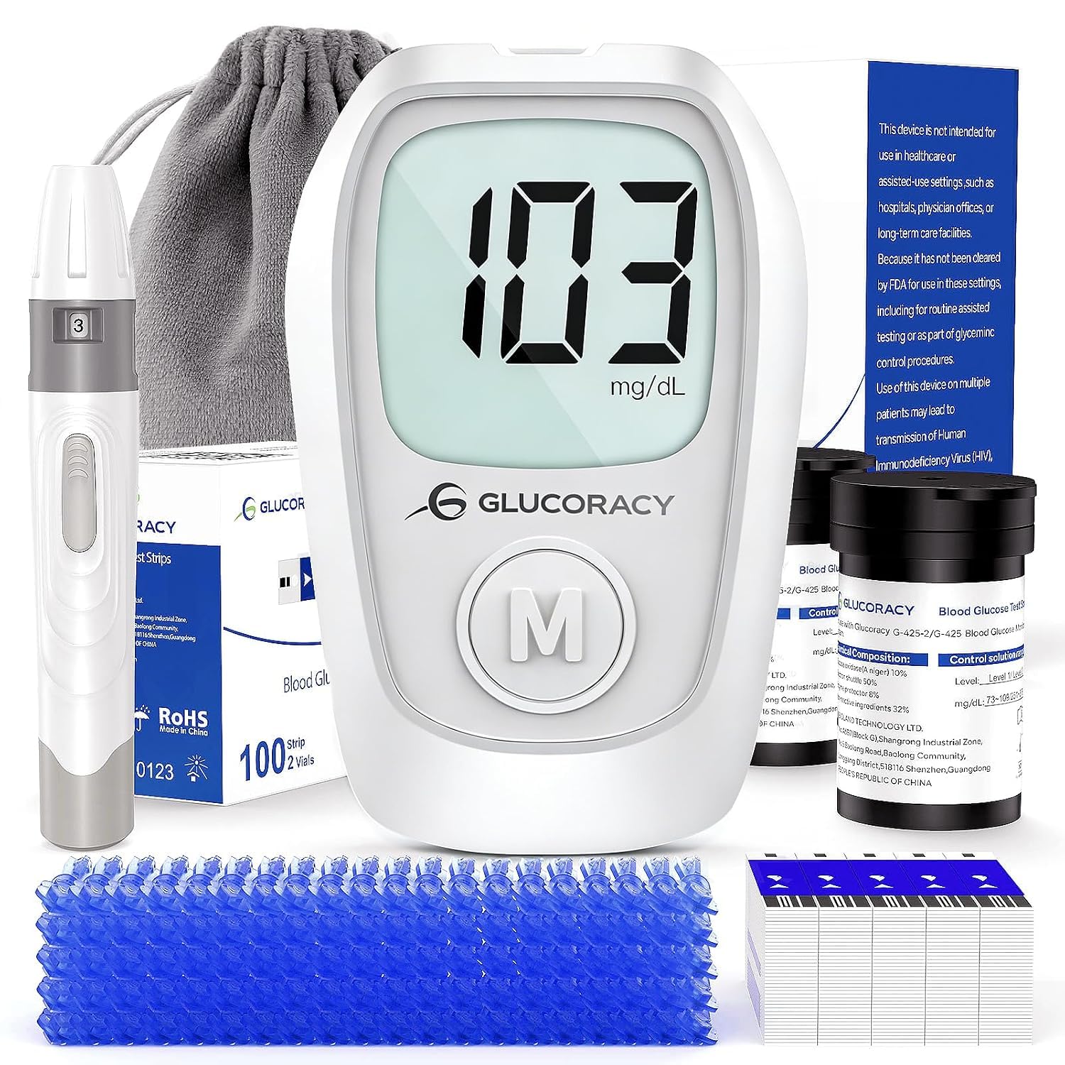 Detalle de Glucoracy G-425 Glucose Monitor Kit with 100 Strips and 100 Lancets