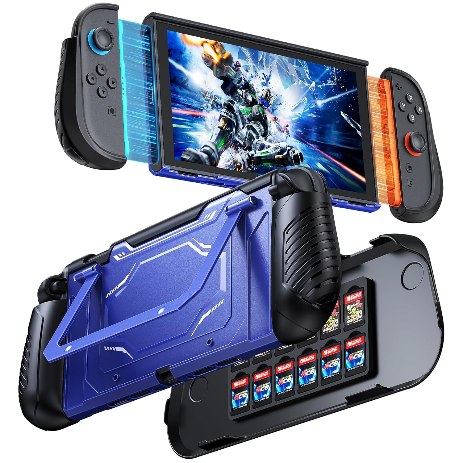 Detalle de FYOUNG Andockbare Schutzhülle für Nintendo Switch 2 – Militärqualität, abnehmbare Griffe, Frontabdeckung mit Ständer