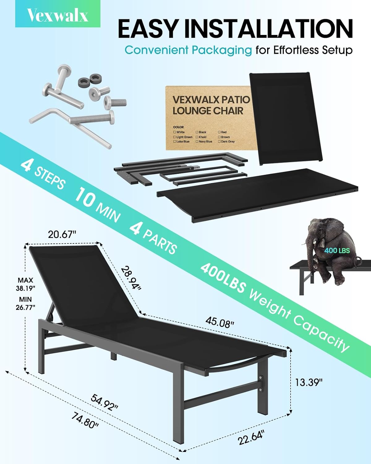 Detalle de Vexwalx VX-TY-6001-P-1-Black Aluminum Outdoor Lounge Chair, 5-Position Textilene