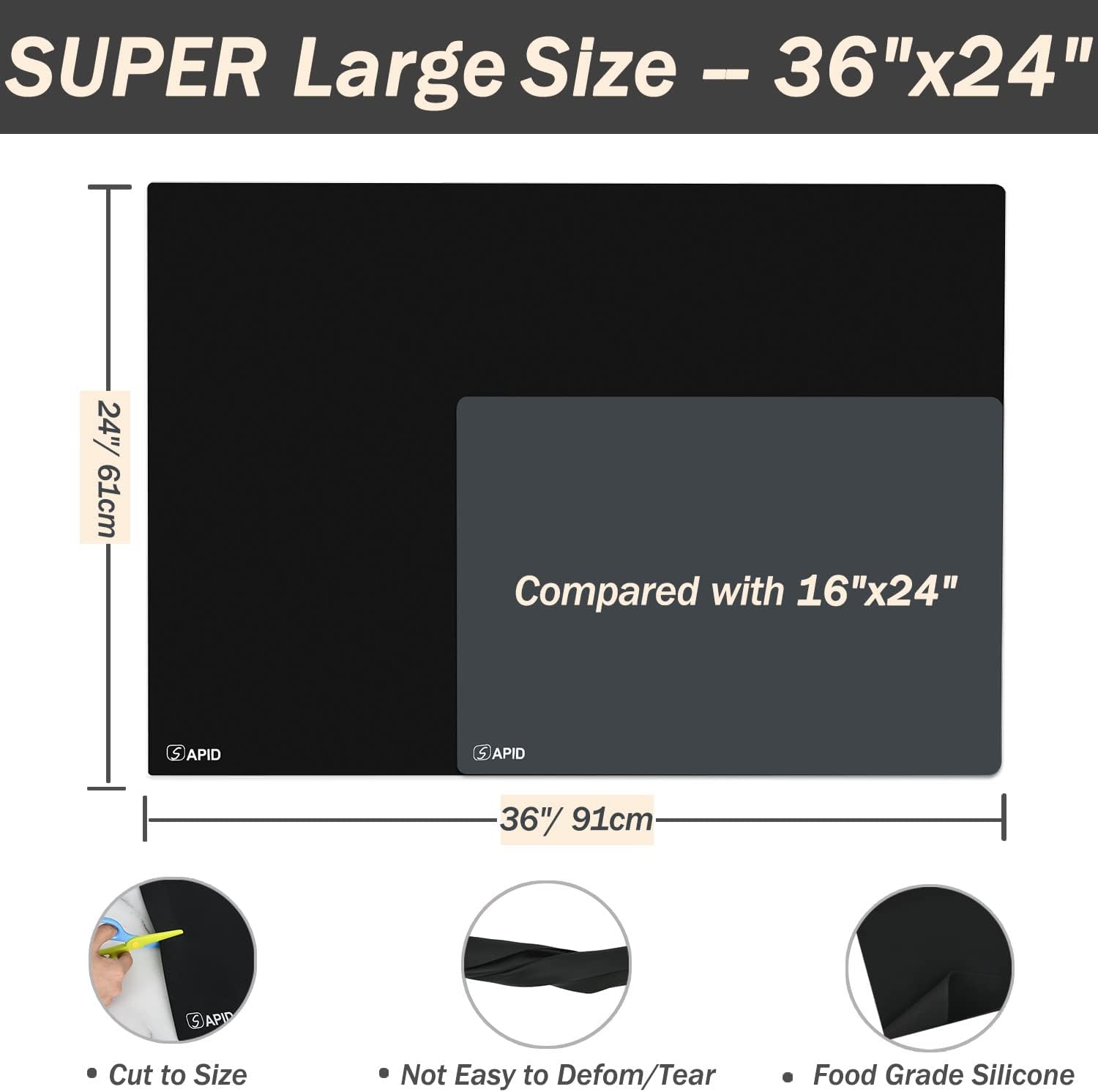 Detalle de SAPID 36" x 24" Silicone Counter Mat, Black, 1 mm Thick