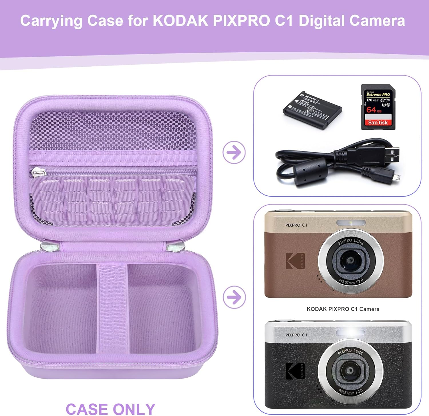 Detalle de RAIALL Hard Carrying Case for Kodak PIXPRO C1 Friendly Zoom (Purple) with Mesh Pocket