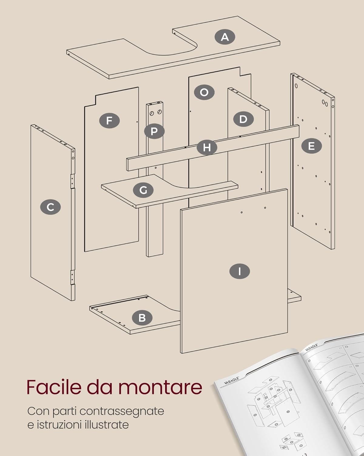 Thumbnail 6 de VASAGLE Mobile sottolavabo per bagno BBK504W02 – Bianco Nuvola e Grigio Tortora, 3 cassetti laterali e 2 scomparti