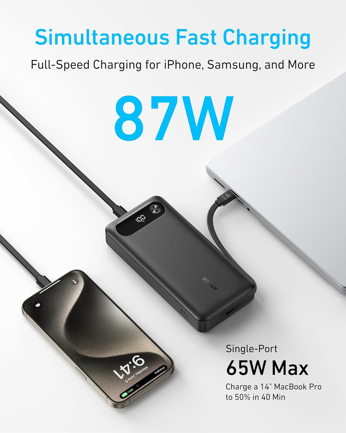 Detalle 2 de Anker Power Bank 20,000mAh Travel Essential with Built-In USB-C Cable (Black)