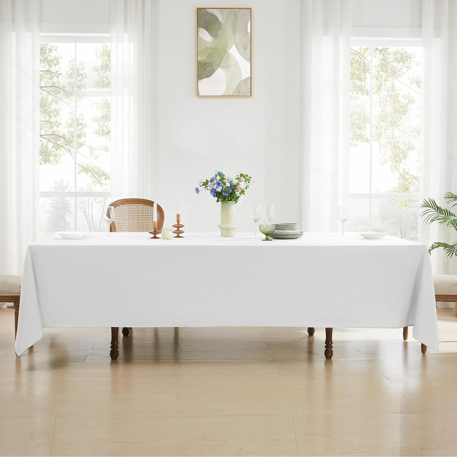 Detalle de Aocoz 90x132 Inch Rectangular Tablecloth – 2 Pack, White, Polyester, Stain-Resistant & Washable