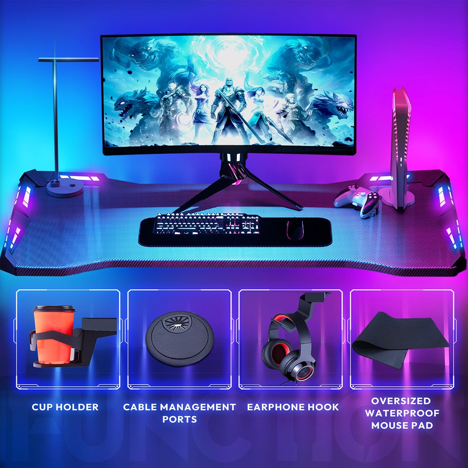 Detalle 2 de LZQ Computertische Gaming Desk, 120 x 60 cm, RGB Lighting, Carbon Fibre Surface