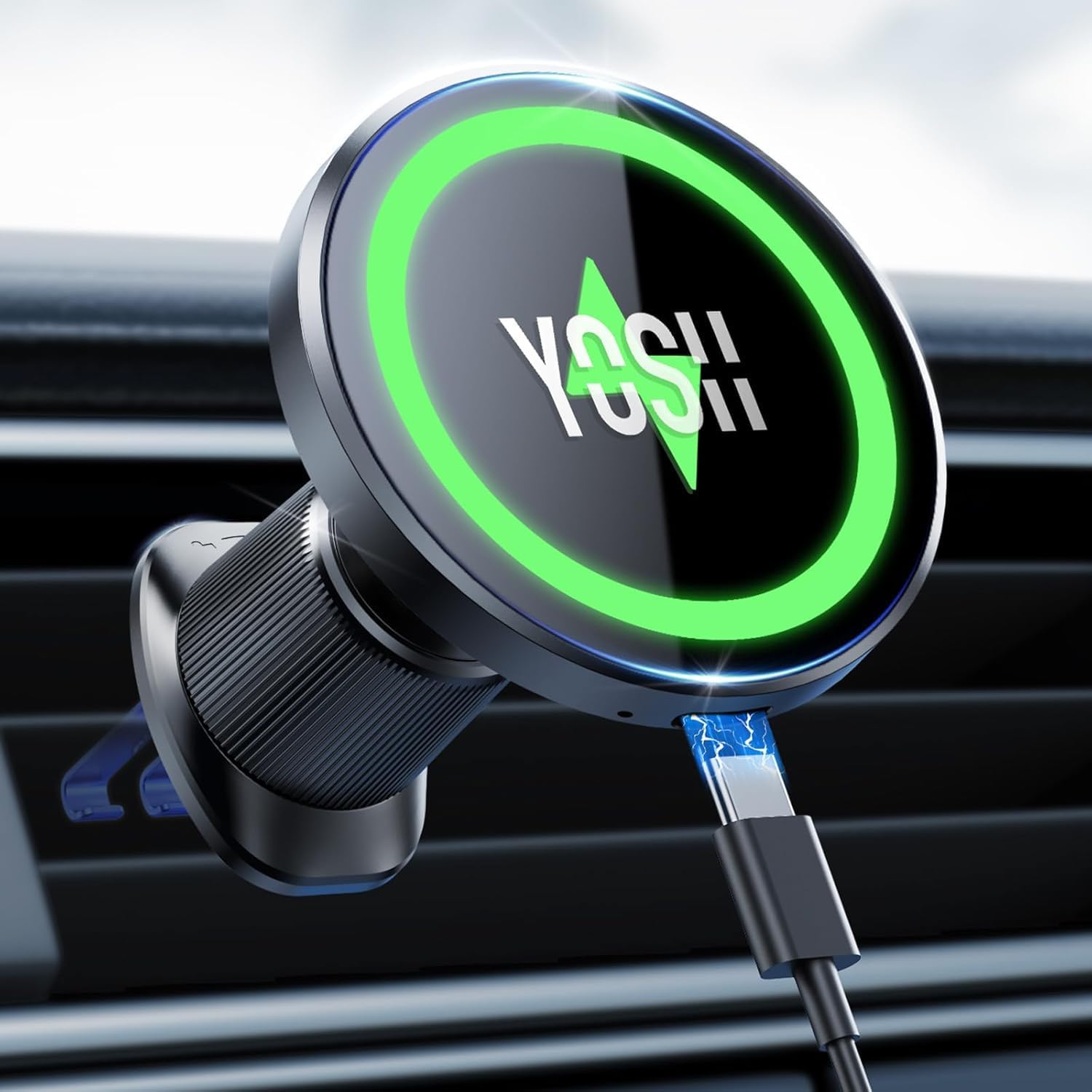 Detalle de YOSH Support téléphone voiture à induction Mag-Safe 15W (chargeur sans fil, rotation 360°)