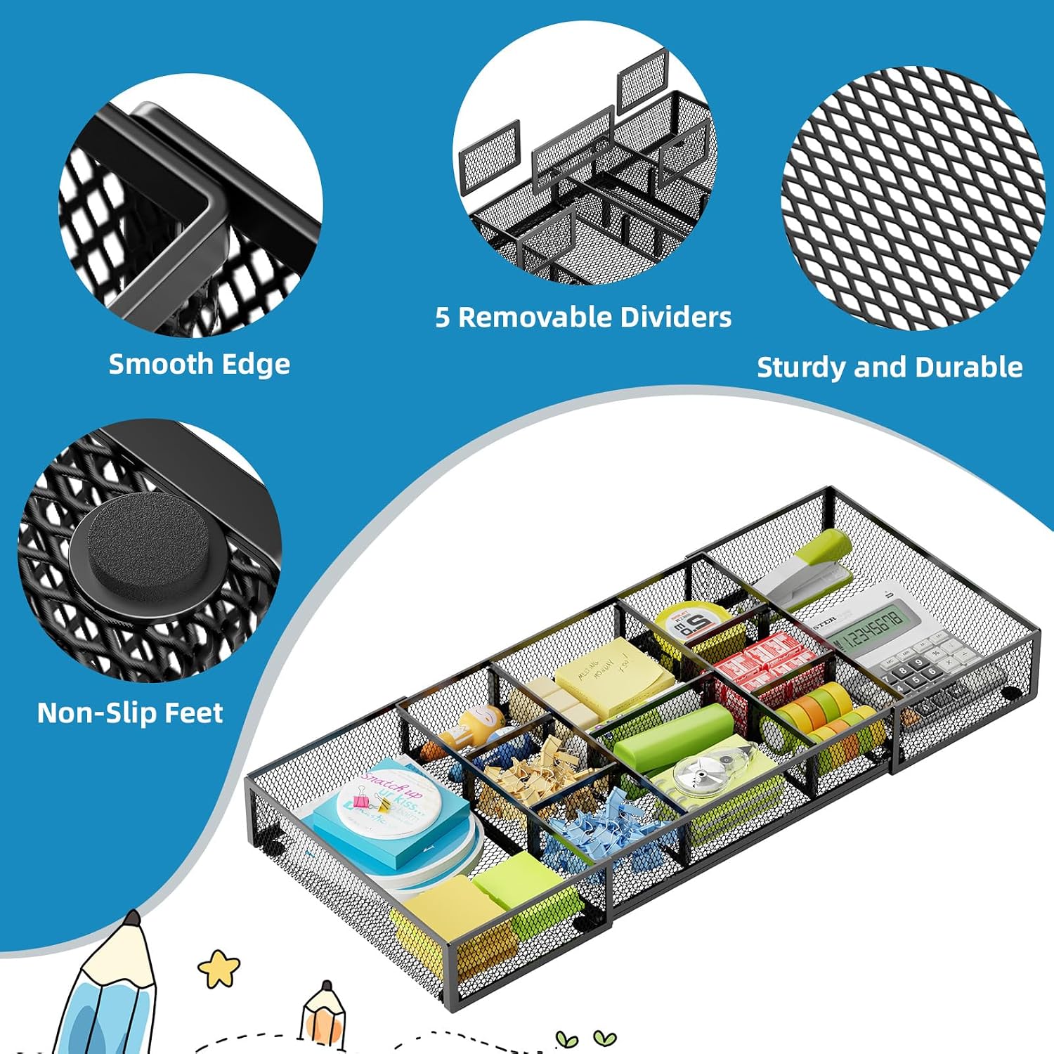 Detalle 2 de Marbrasse Drawer Organizer Tray-Black, Expandable Mesh Desk Drawer Organizer