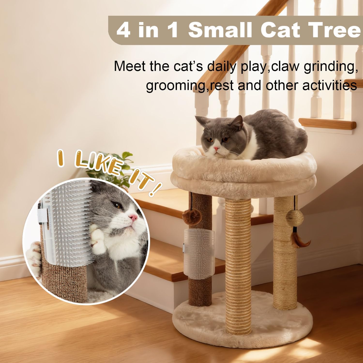 Detalle de MECOOL MC22TPT3-Beige 4-in-1 Cat Tree with Sisal, Jute, and Carpet Posts