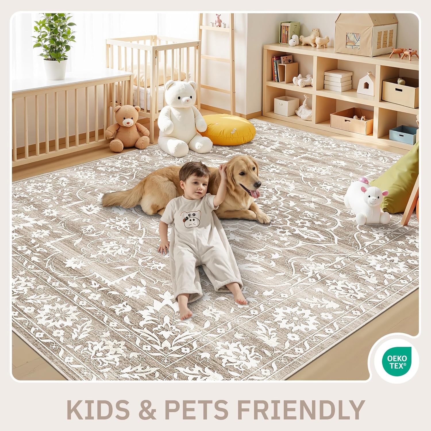 Thumbnail 6 de Soalmost 8x10 Washable Area Rug for Living Room – Vintage Floral, Non-Slip, 0.24 Inch Pile, Light Brown