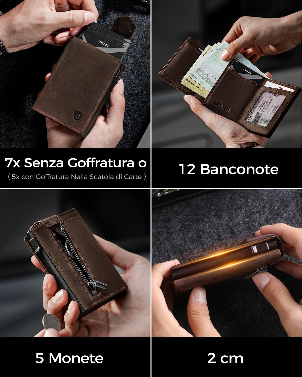 Thumbnail 4 de LORZOR Portafoglio Uomo Slim in vera pelle con RFID, portamonete e chiusura magnetica pop-up (capienza fino a 10 carte)