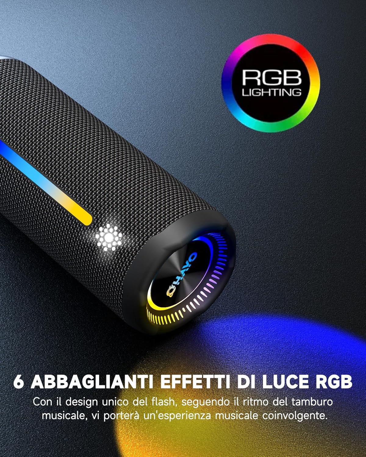 Detalle de OHAYO X10: Cassa Bluetooth Potente 25W con Doppio Driver, Luci RGB e IPX7