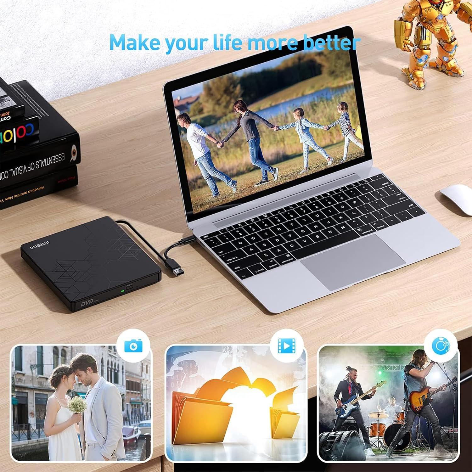 Detalle de ORIGBELIE External CD/DVD Drive with USB 3.0 Type-C — Portable Slim ODD for Laptops, PCs, and Mac