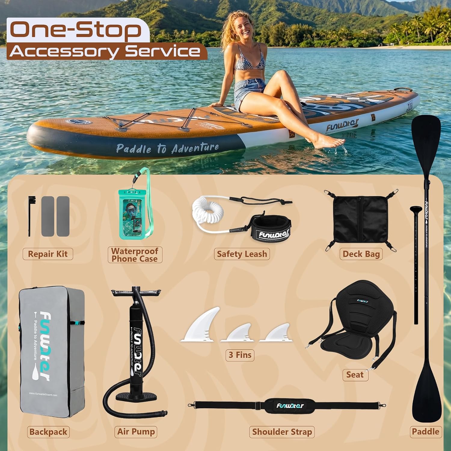 Detalle de FunWater Tavola Gonfiabile con Pinne e accessori – versione Upgrade TIKI 350 x 83 x 15 cm