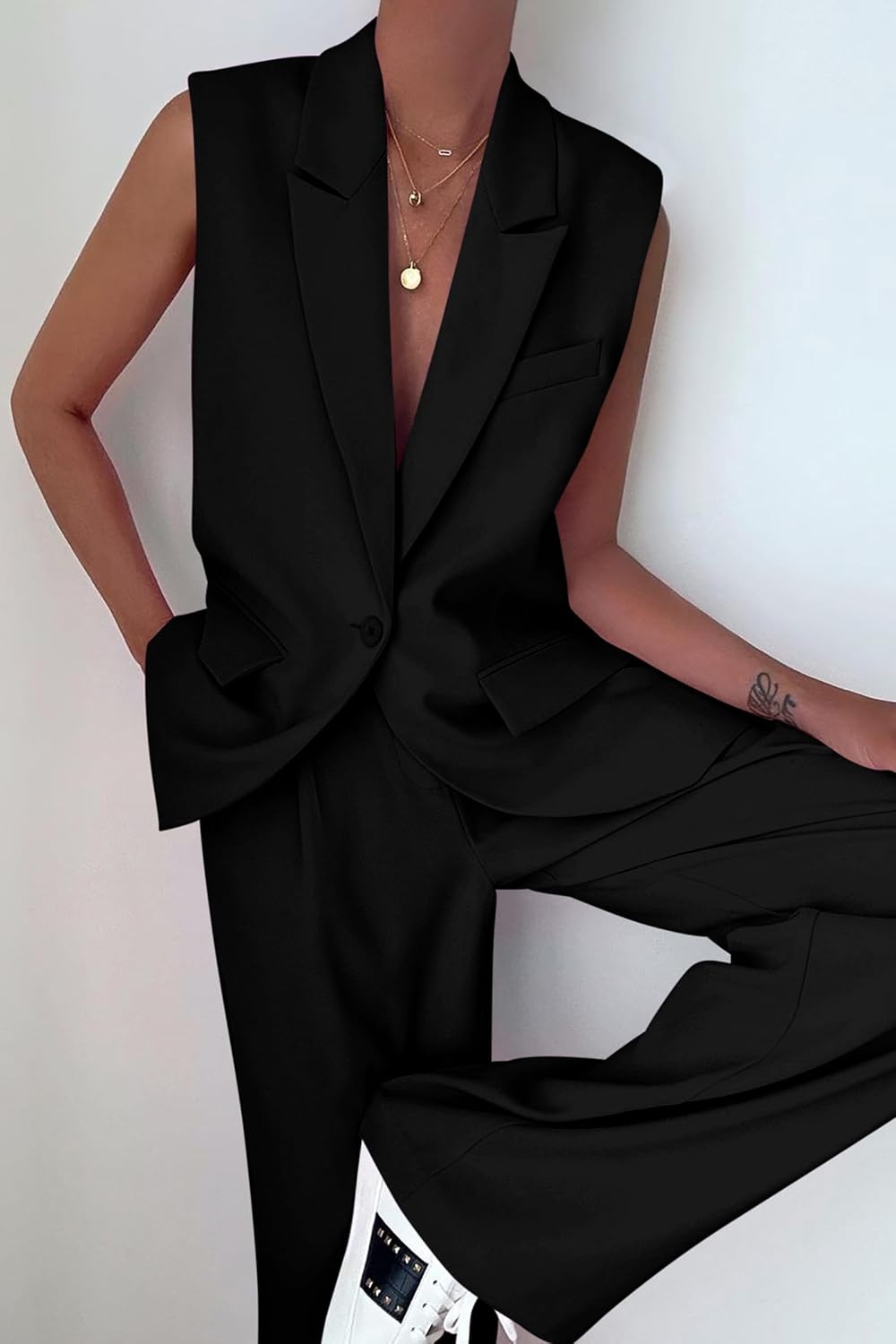 Detalle de PRETTYGARDEN Women's 2 Piece Sleeveless Vest and Wide Leg Pants Suit Set