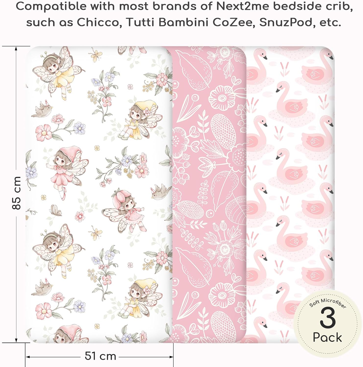 Thumbnail 1 de Yukkidds Next to Me Crib Sheets 83x50cm – 3 Pack, Ultra Soft Microfiber, Pink Fairy