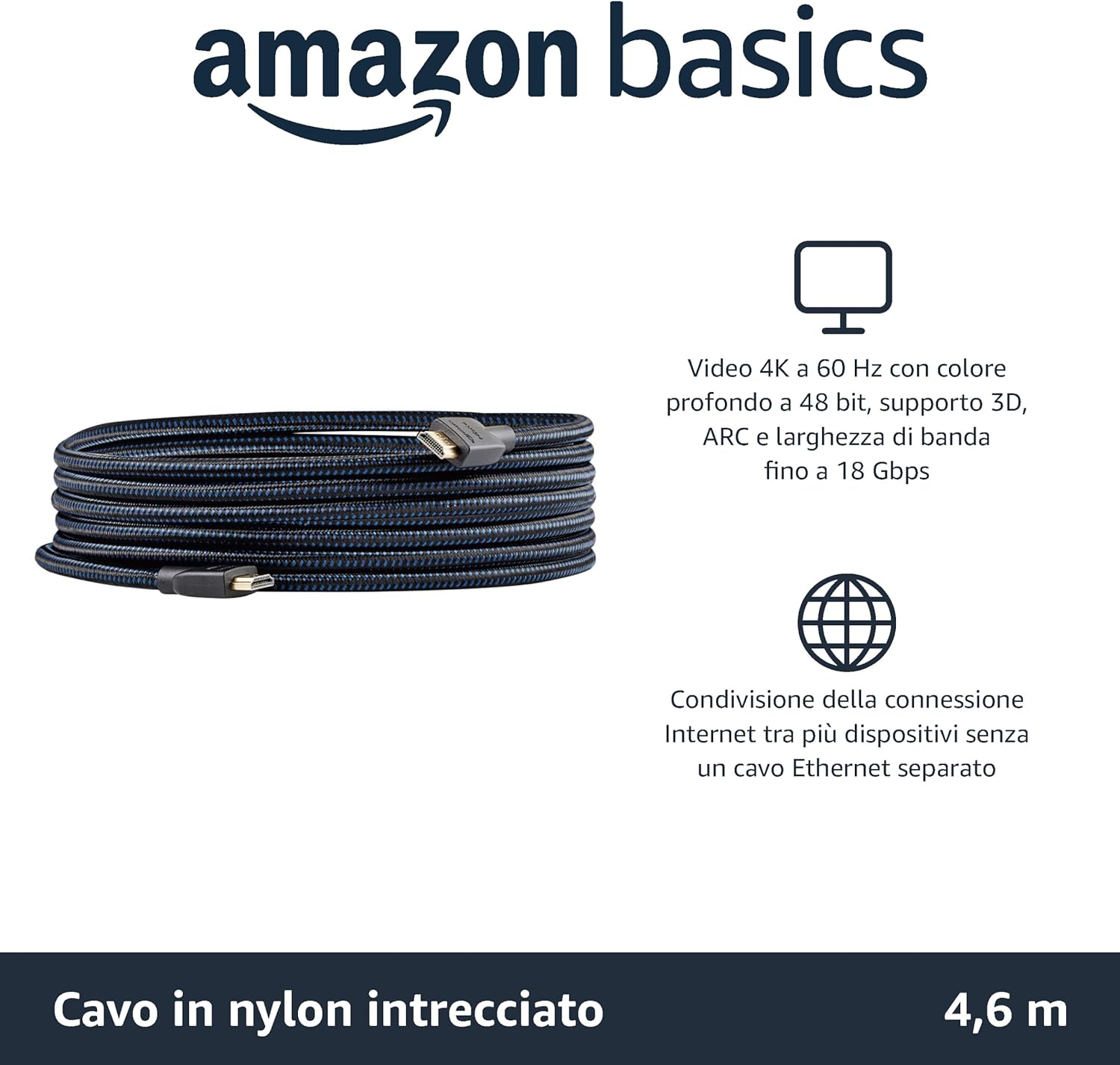 Thumbnail 1 de Amazon Basics Cavo HDMI intrecciato 4,6 m (HDMI maschio A–HDMI maschio A) nero e blu
