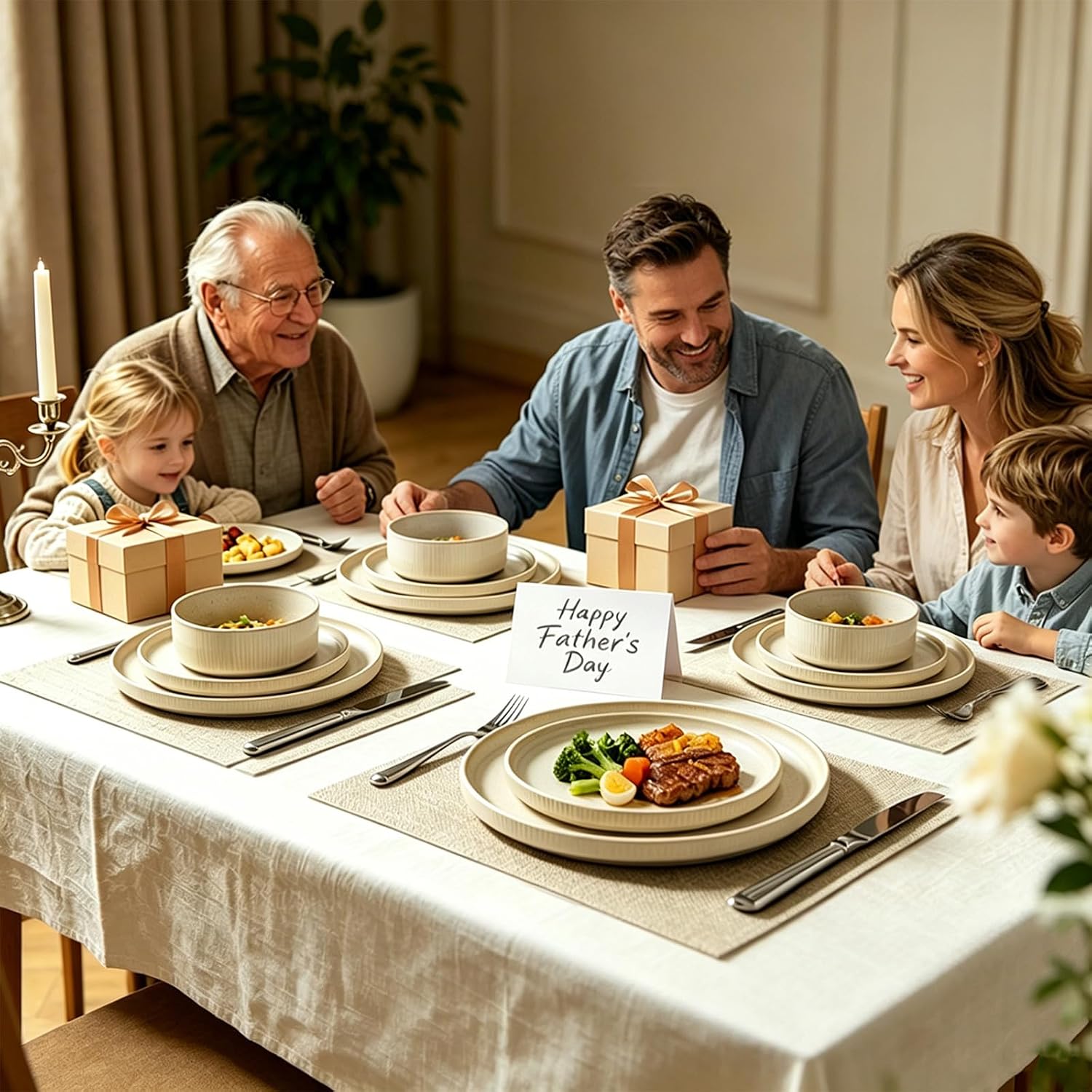 Thumbnail 1 de ALOFMO Stoneware Dinnerware Sets — 12-Piece Ribbed Dinnerware for 4 in Beige