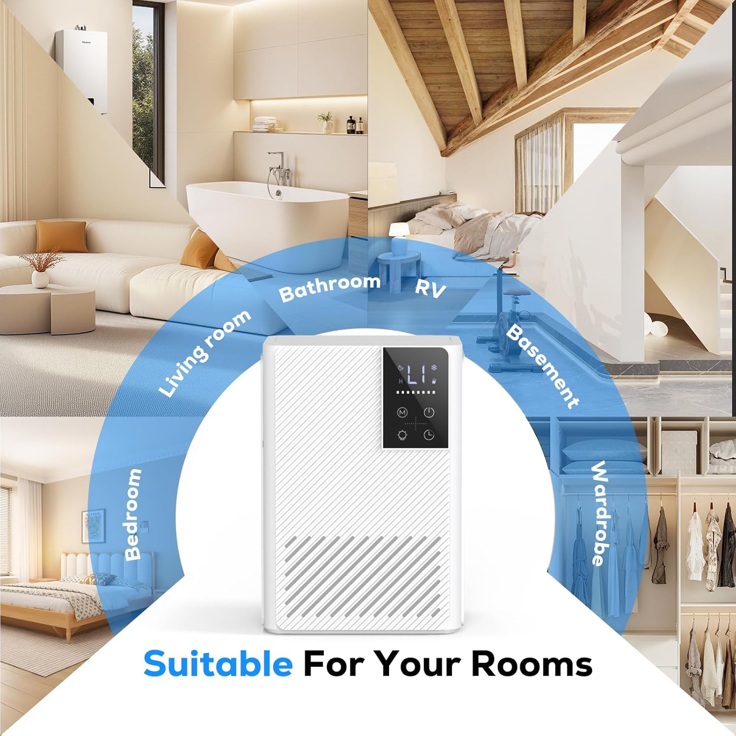 Detalle de Deumidificatore portatile 2500 ml con comandi touch, luci a 7 colori e spegnimento automatico — ideale per casa, bagno e ufficio