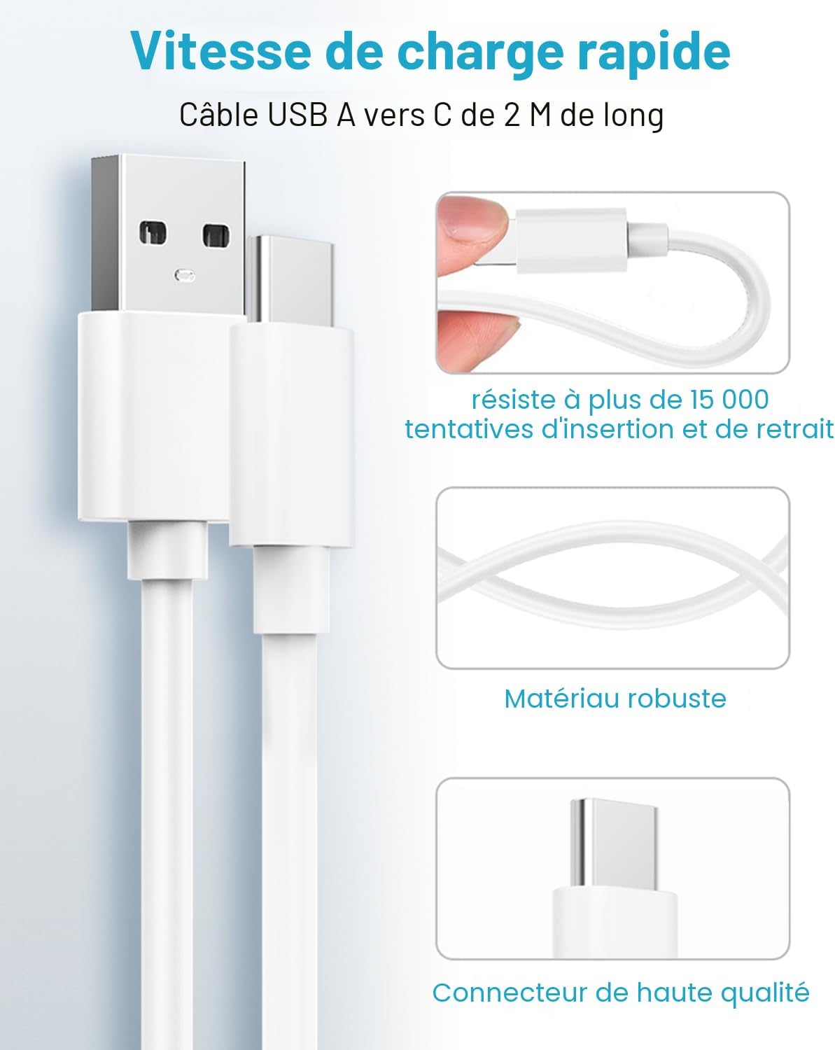 Thumbnail 4 de Chargeur USB rapide 18W avec câble USB-C 2 m – Quick Charge 3.0, prise secteur pour Samsung, Xiaomi, Huawei