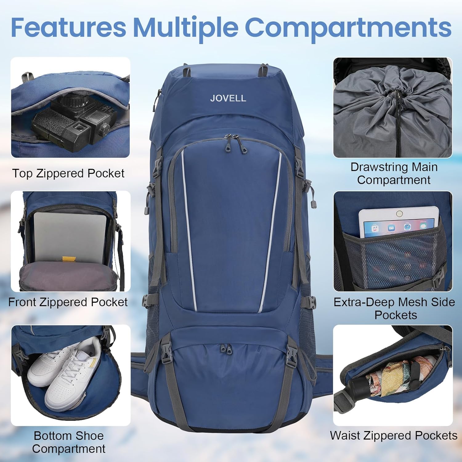 Detalle de JOVELL 70L Zaino da Escursionismo con Copripioggia – 70 litri di capacità, comfort e versatilità per trekking e campeggio