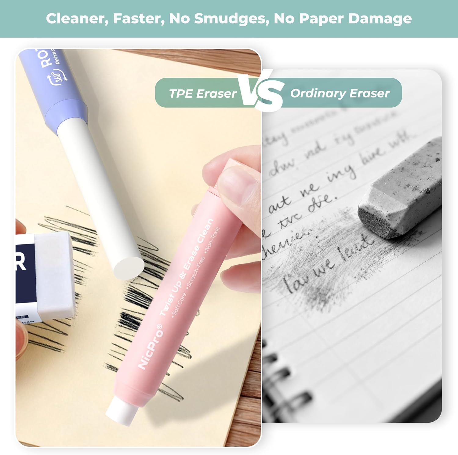 Detalle de Nicpro 6-Pack Retractable Erasers, Soft TPE with Twist-Up Design