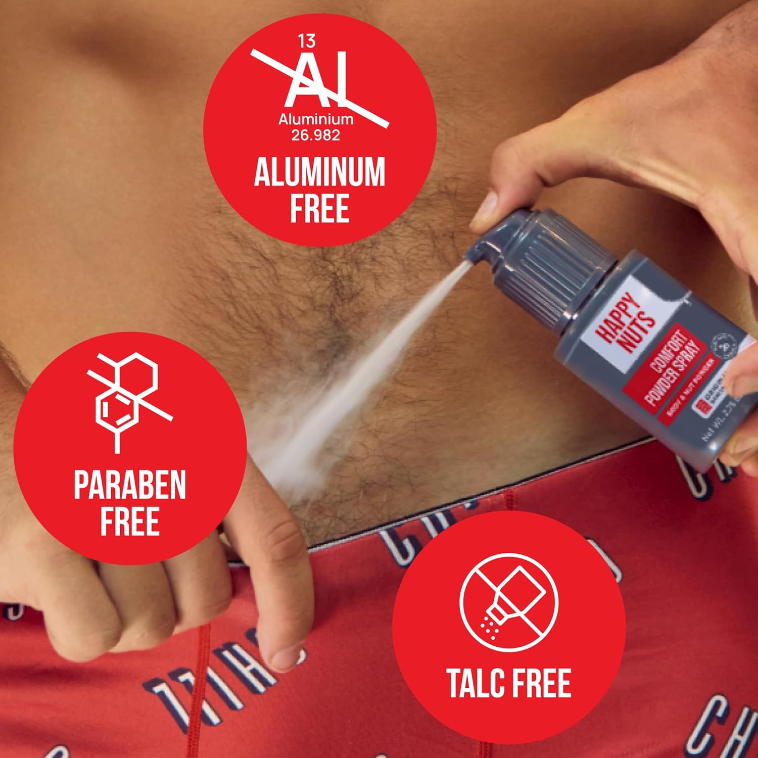 Detalle de HAPPY NUTS Comfort Powder Spray (Talc-Free) for Anti Chafing & Men’s Deodorant, Aluminum-Free