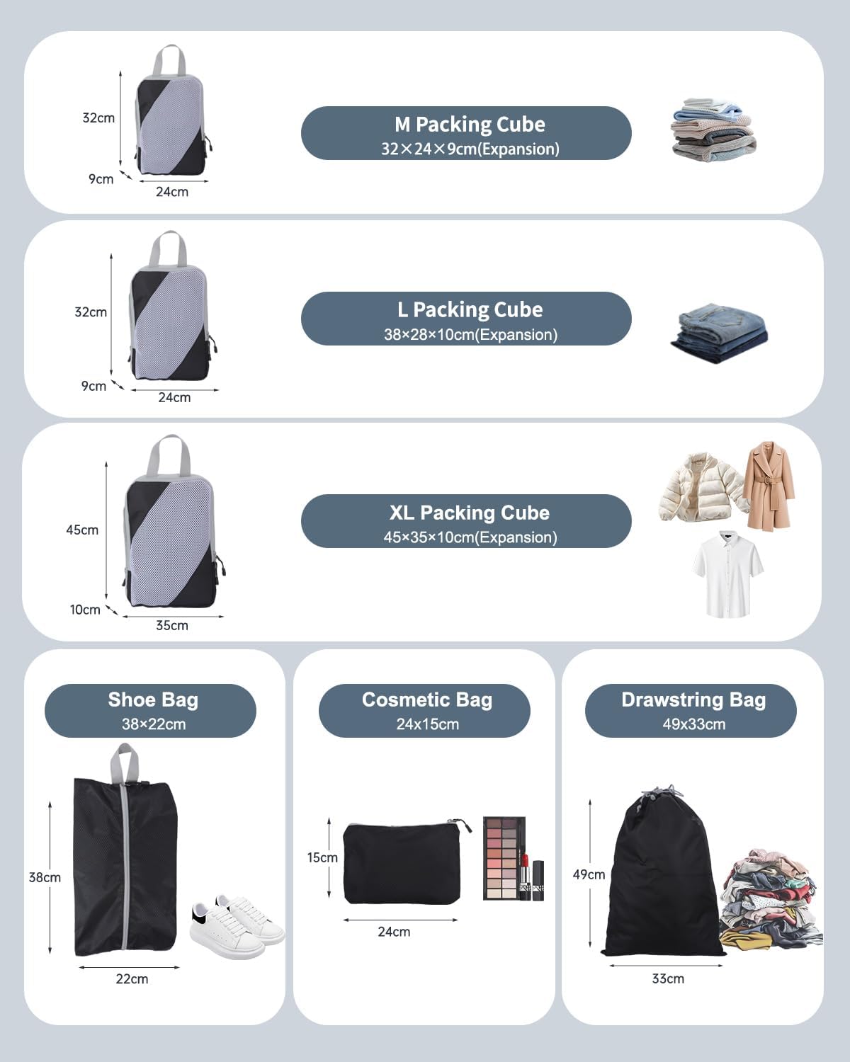 Detalle de MOLICRAIN Compression Packing Cubes for Suitcase – 6-Piece Ultralight Travel Organiser Set (Black)