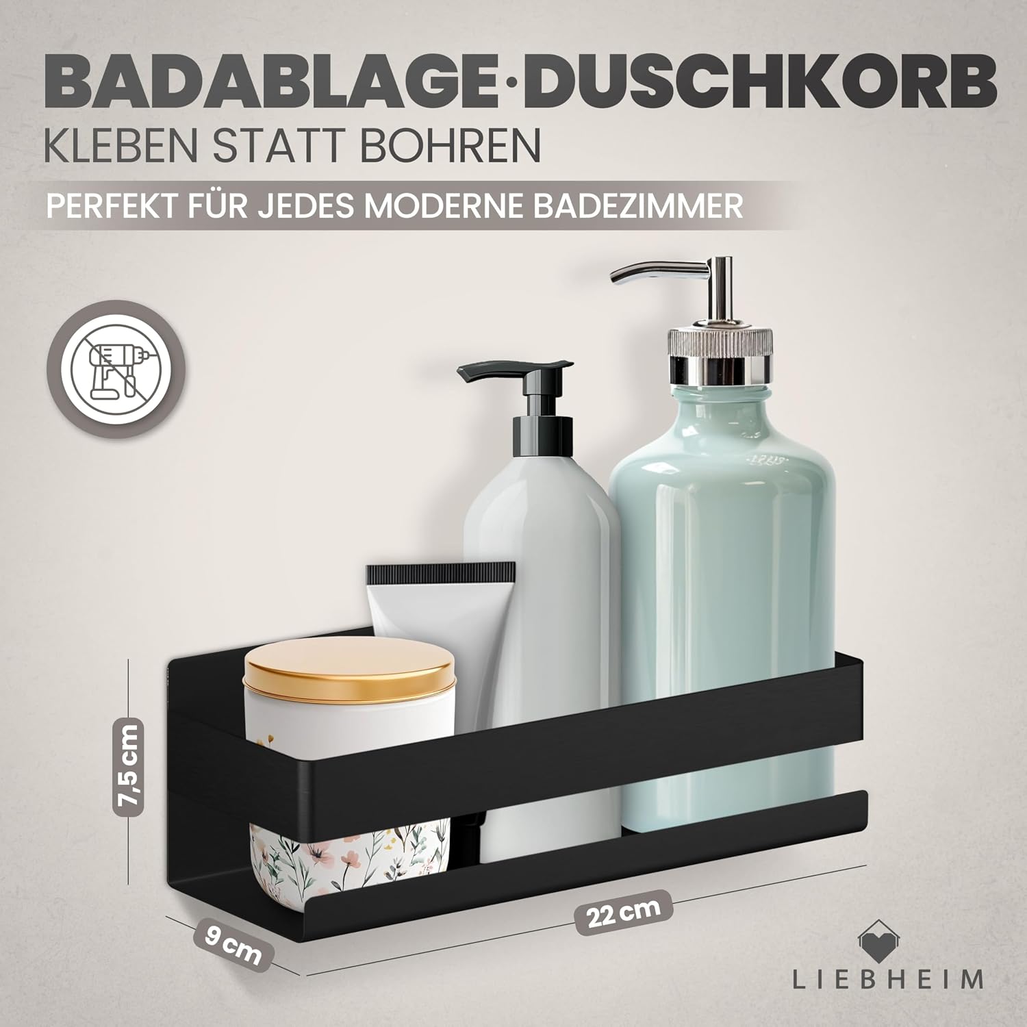 Detalle 2 de LIEBHEIM Duschablage ohne Bohren – modernes Badregal für Dusche, Duschkorb-Organizer (schwarz)