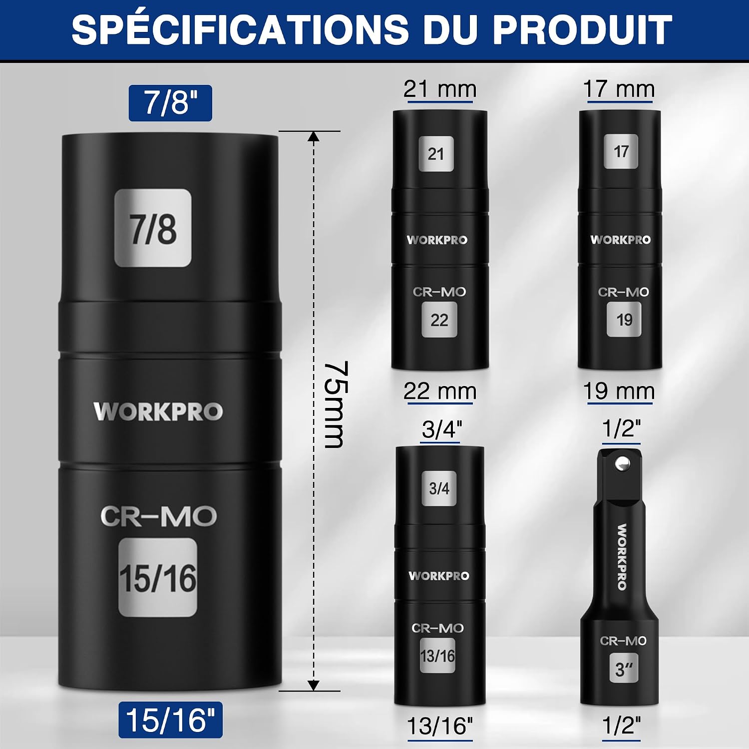 Thumbnail 1 de WORKPRO Douilles à Choc 1/2 Flip CR-Mo