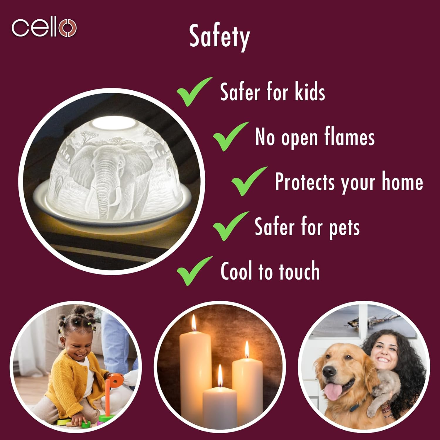 Thumbnail 6 de Porzellan-Teelichthalter „Cello“ mit Elefanten-Design (3D-Bild projizierend) – für Teelichter oder LEDs