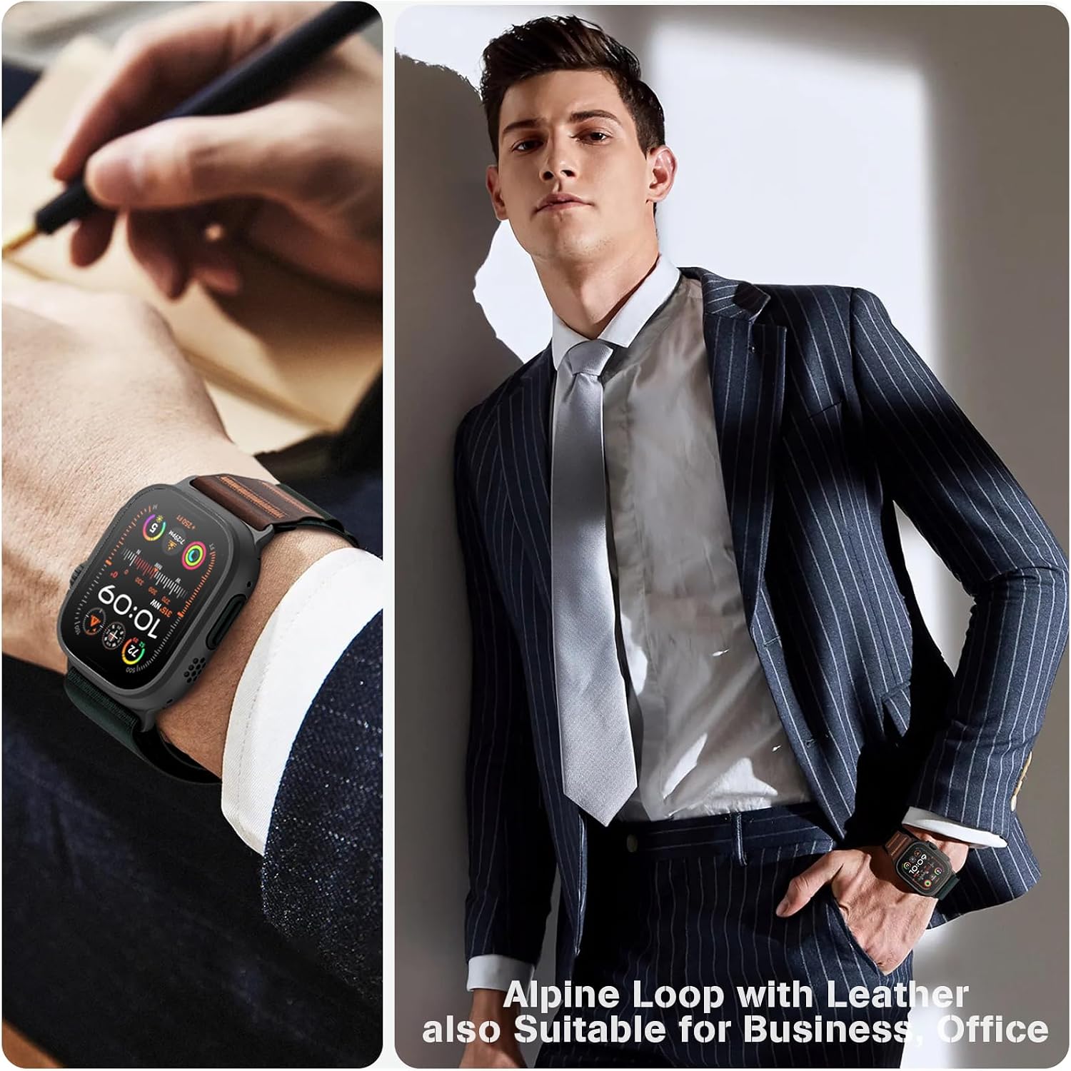 Thumbnail 4 de MRAIN-H Dark Green Nylon and Leather Apple Watch Band, Stretch Fit