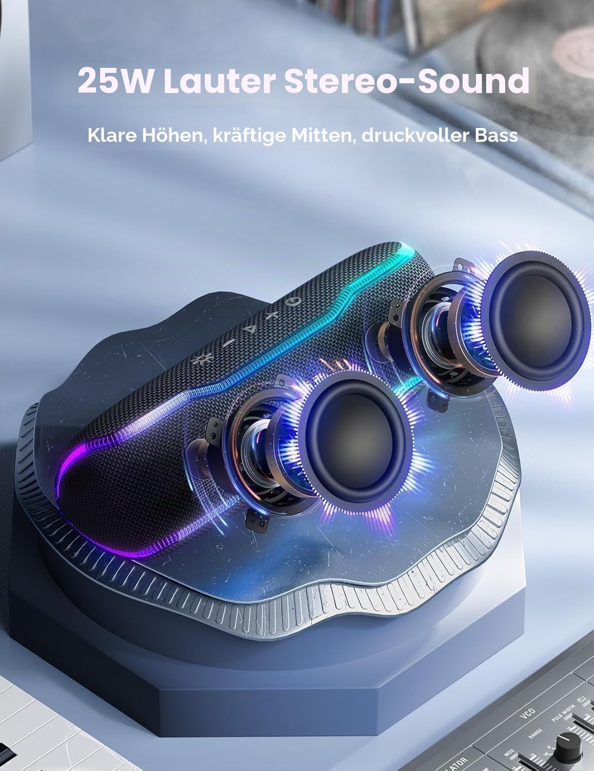 Detalle de AY Bluetooth Lautsprecher Musikbox – IPX7, 25 W, Dual Pairing, 24 h Akku, mit bunten Lichtern