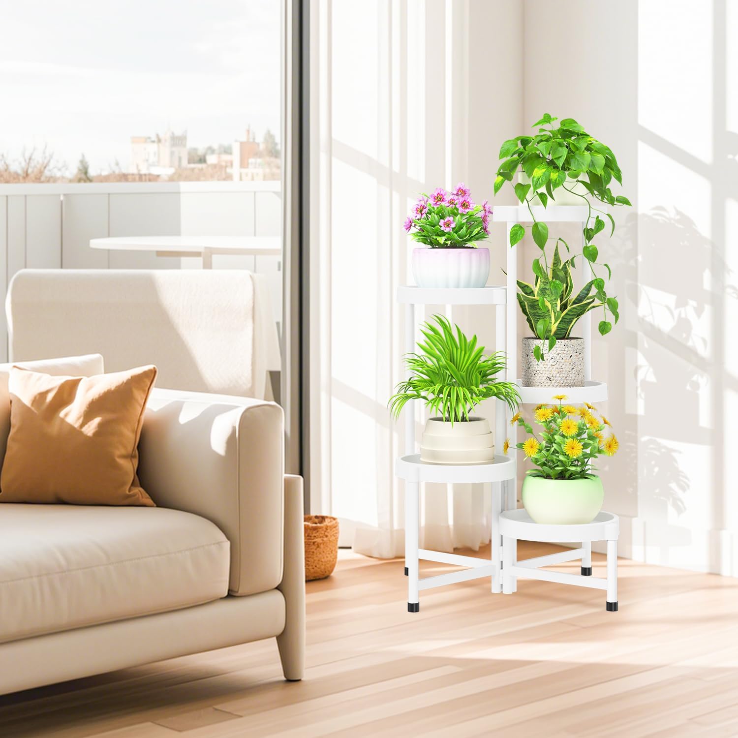 Thumbnail 6 de iDavosic.ly Pflanzenständer Metall & Kunststoff mit 5 Ebenen (weiß) – Blumenregal für Balkon, Terrasse & Wohnzimmer