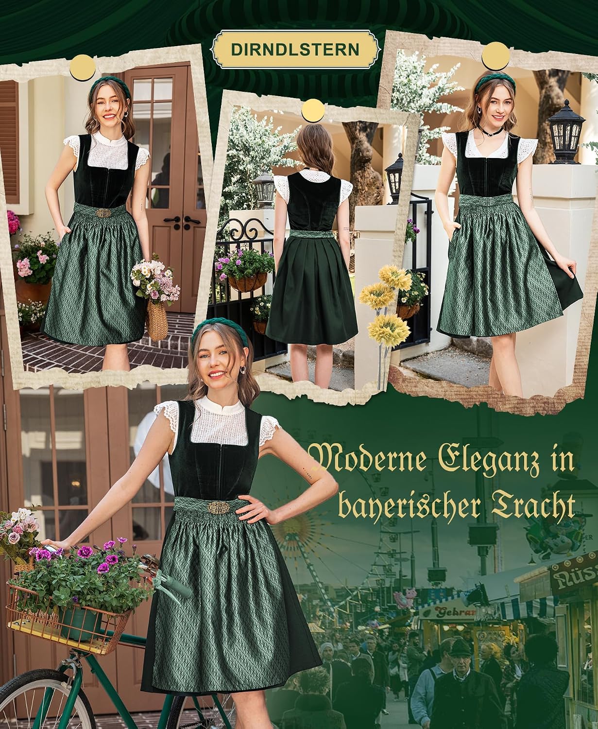 Thumbnail 4 de DIRNDLSTERN Damen Trachtenkleid Grün – Midi-Samt-Dirndl mit Schürze, perfektes Oktoberfest-Outfit