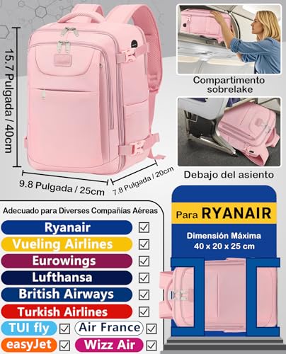 Thumbnail 1 de LYNXCHER Mochila-Viaje Cabina 40x20x25 cm. 20L para Ryanair, 14" portátil, Rosa
