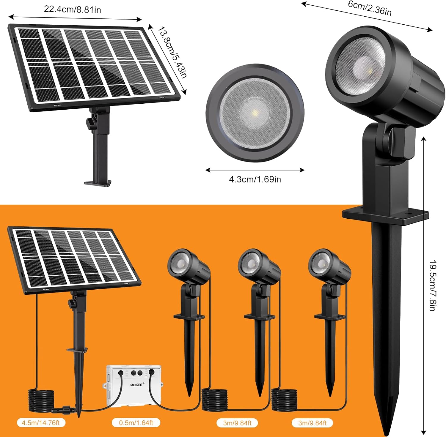 Detalle 2 de MEIKEE Solarstrahler für außen (3er-Set) 2700K, IP66, 5000 mAh – 3 Helligkeitsstufen und Dusk-to-Dawn