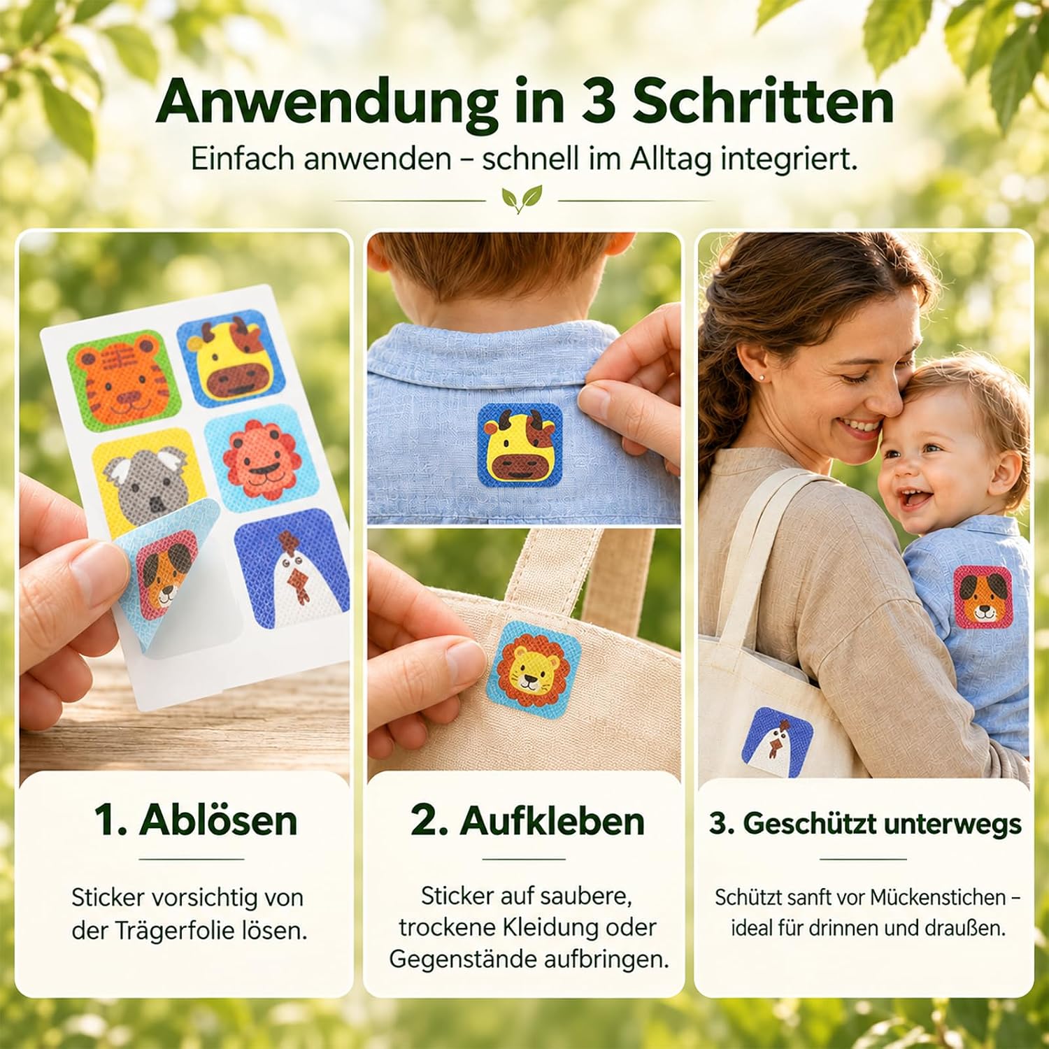 Detalle de 96 Stück Mückenpflaster Mückenschutz – Anti Mücken Pflaster mit Cartoon-Motiven, 6–8 Stunden Schutz pro Anwendung